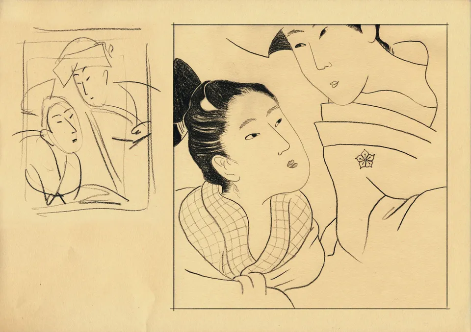 Aufbau + Stil von Bildern zeichnerisch erfassen / von rasch bis langsam / Bsp: Utamaro, Ryoko Moro