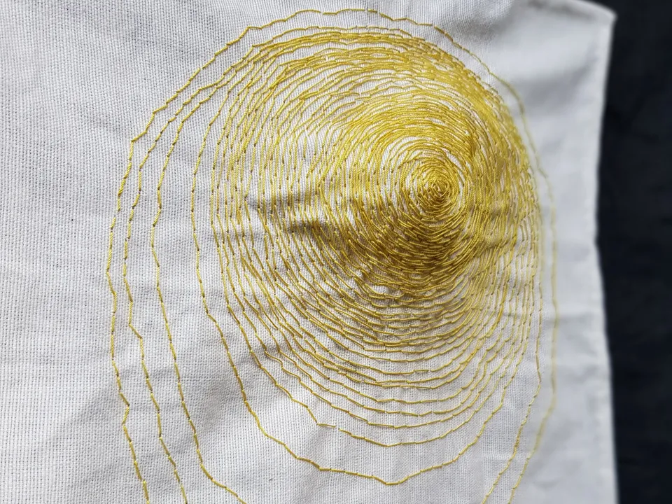 Stickerei auf Baumwolle, 26x28 cm. Der Stickgarn wurde mit der Kanadischen Goldrute (Solidago canadensis) gefärbt. Foto: Katya Dimova