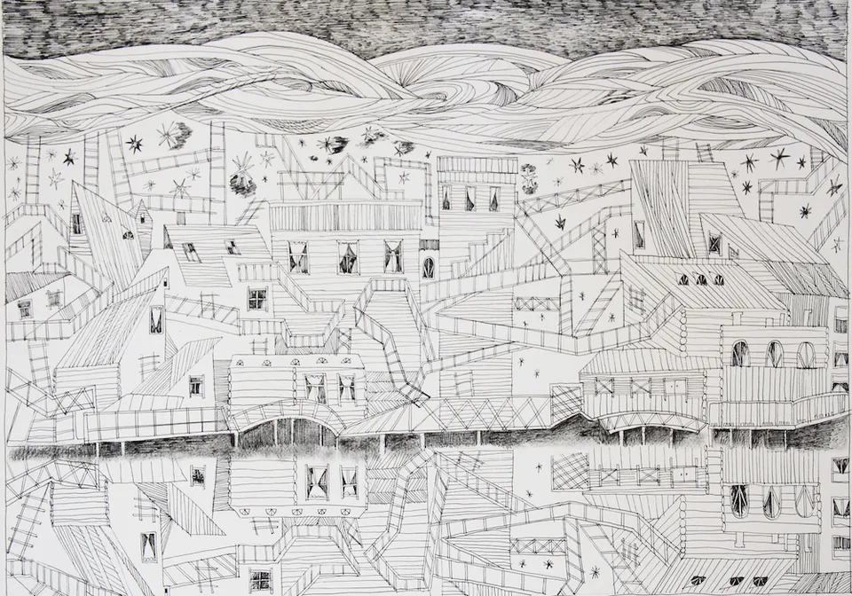 „Die Holzstadt", 1996, Tusche, Feder auf Papier