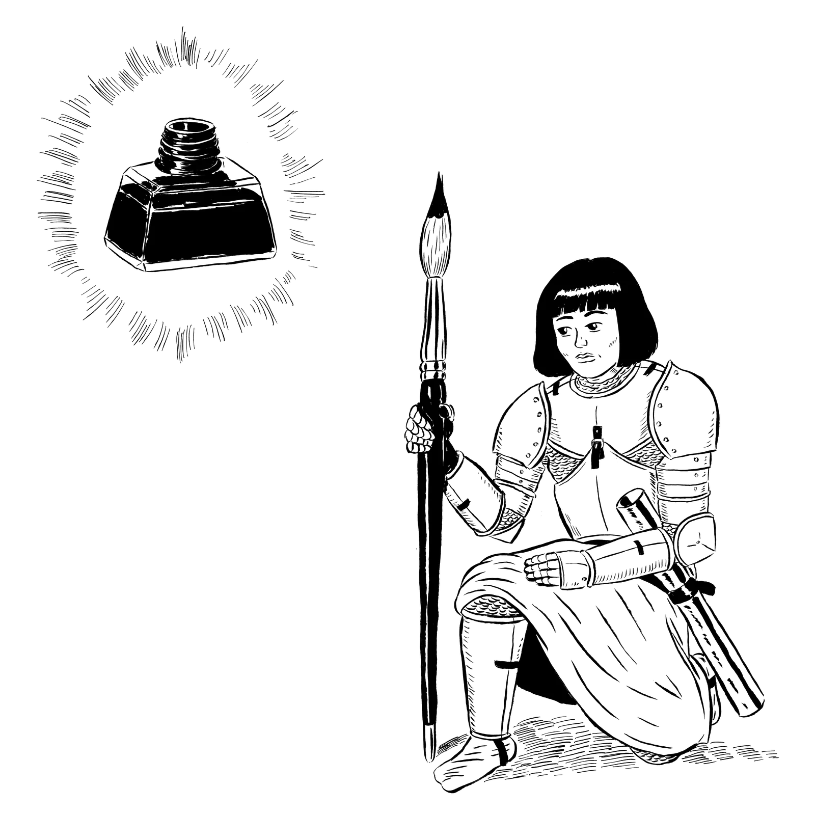 Illustration einer vor einem erscheinenden Tintenfass niederknienden Person in Ritterrüstung.