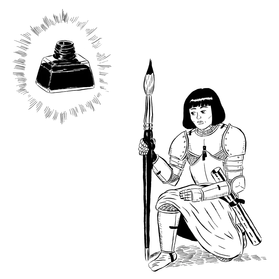 Illustration einer vor einem erscheinenden Tintenfass niederknienden Person in Ritterrüstung.